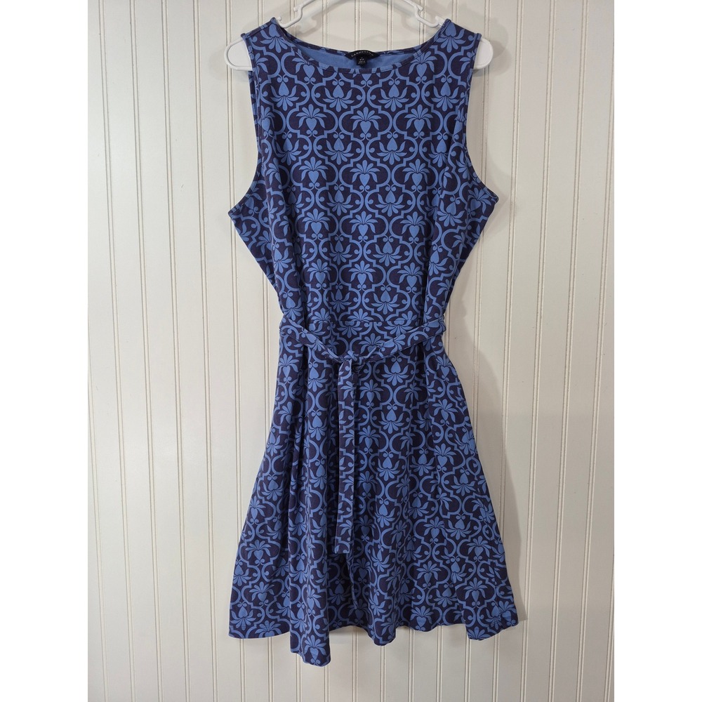 Lands End Womens XL Blue Damask Floral Sleeveless Belted Jersey Knit Dress
